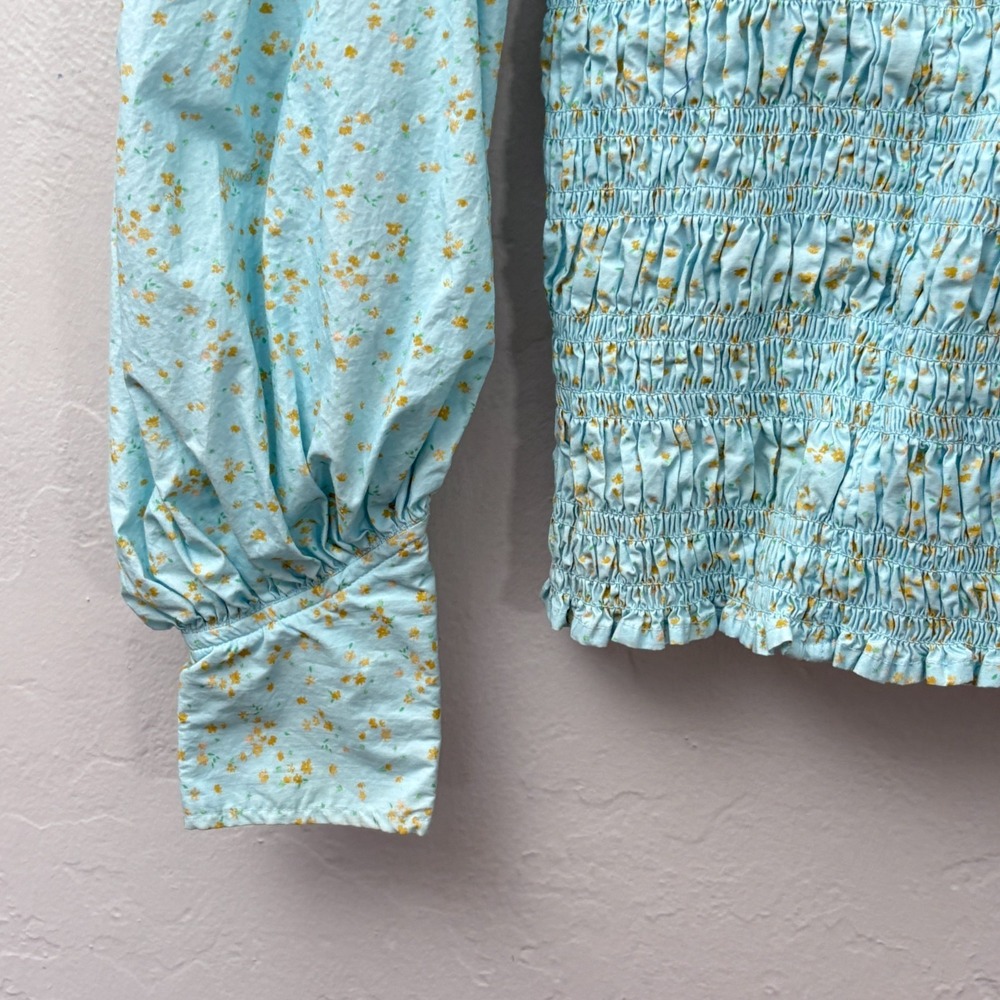 Ganni Smocked Floral Top Shirt Size 38 (US 6) Light Blue Long Sleeve Cotton Flaw - Picture 10 of 14